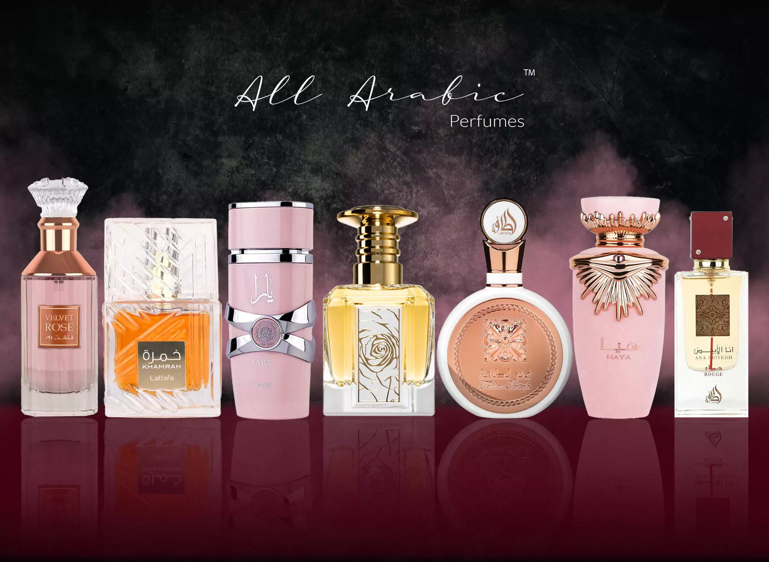 Collection of Arabic perfumes on a reflective surface with a dark background.